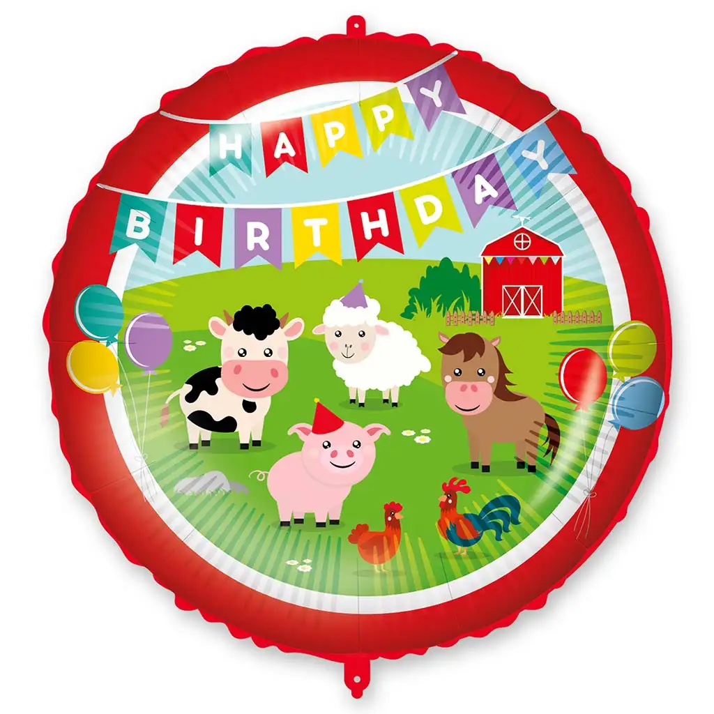 Geburtstags-Folienballon – mit „Happy Birthday“-Aufschrift, Bauernhoftier-Motiv, 46 cm