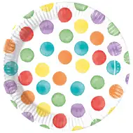 8-teiliges Set aus weißen Papptellern mit bunten Punkten