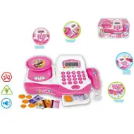 Elektronische Registrierkasse in Pink, mit Waage und Zubehör.