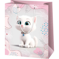 Exklusive große Geschenktasche mit Katzenmotiv, weiß, 26×13×33 cm