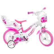 Flappy 12" Kinderfahrrad mit Korb und Puppensitz in Rosa-Weiß - Dino Bikes Fahrrad
