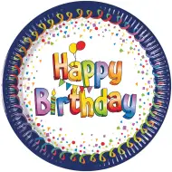 Fröhlicher blau-weißer Geburtstagspappteller mit „Happy Birthday“-Aufschrift, 8er-Set