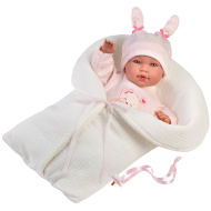 Llorens: Abril, 42 cm große weinende Babypuppe mit Hasenohrenmütze und Schlafsack